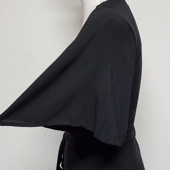 KOKO+MASON Black V-neck Asymmetric Ruffle Hem Butterfly Sleeve Wrap Dress Medium - Picture 9 of 16